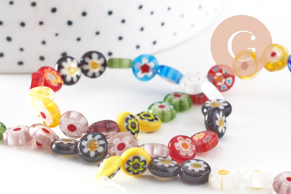 Perle cercle verre millefiori 8mm, x1 fil de 34cm (G5678)