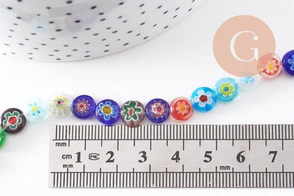 Perle cercle verre millefiori, perle verre chance, perle artisanale verre,perle bijou été, 8mm,le fil de 45 perles, x1 (G2804)