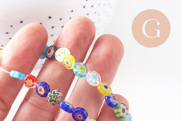 Perle cercle verre millefiori, perle verre chance, perle artisanale verre,perle bijou été, 8mm,le fil de 45 perles, x1 (G2804)
