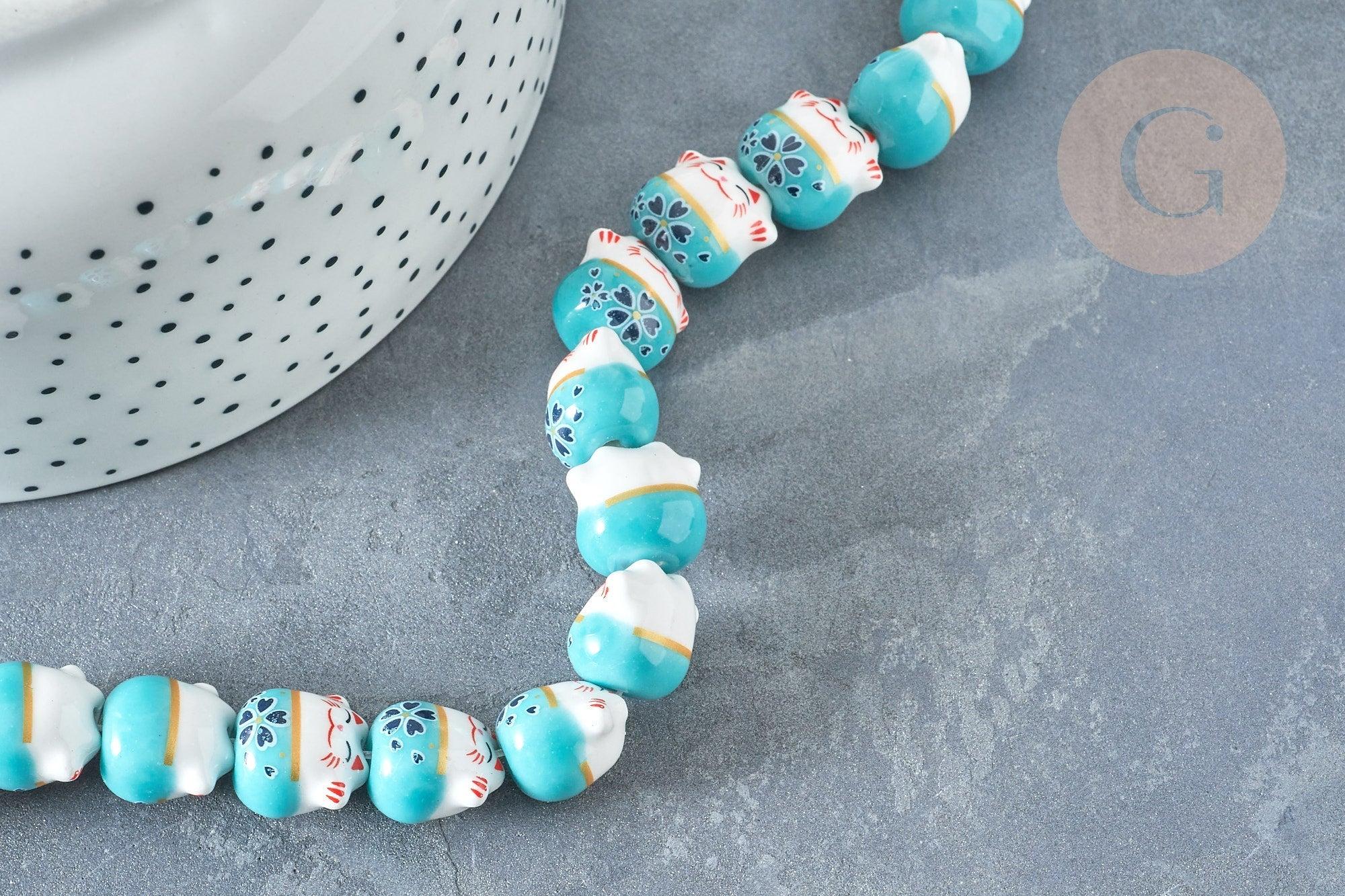 Perle chat porte-bonheur Porcelaine blanc turquoise 14mm, x5 (G8186)