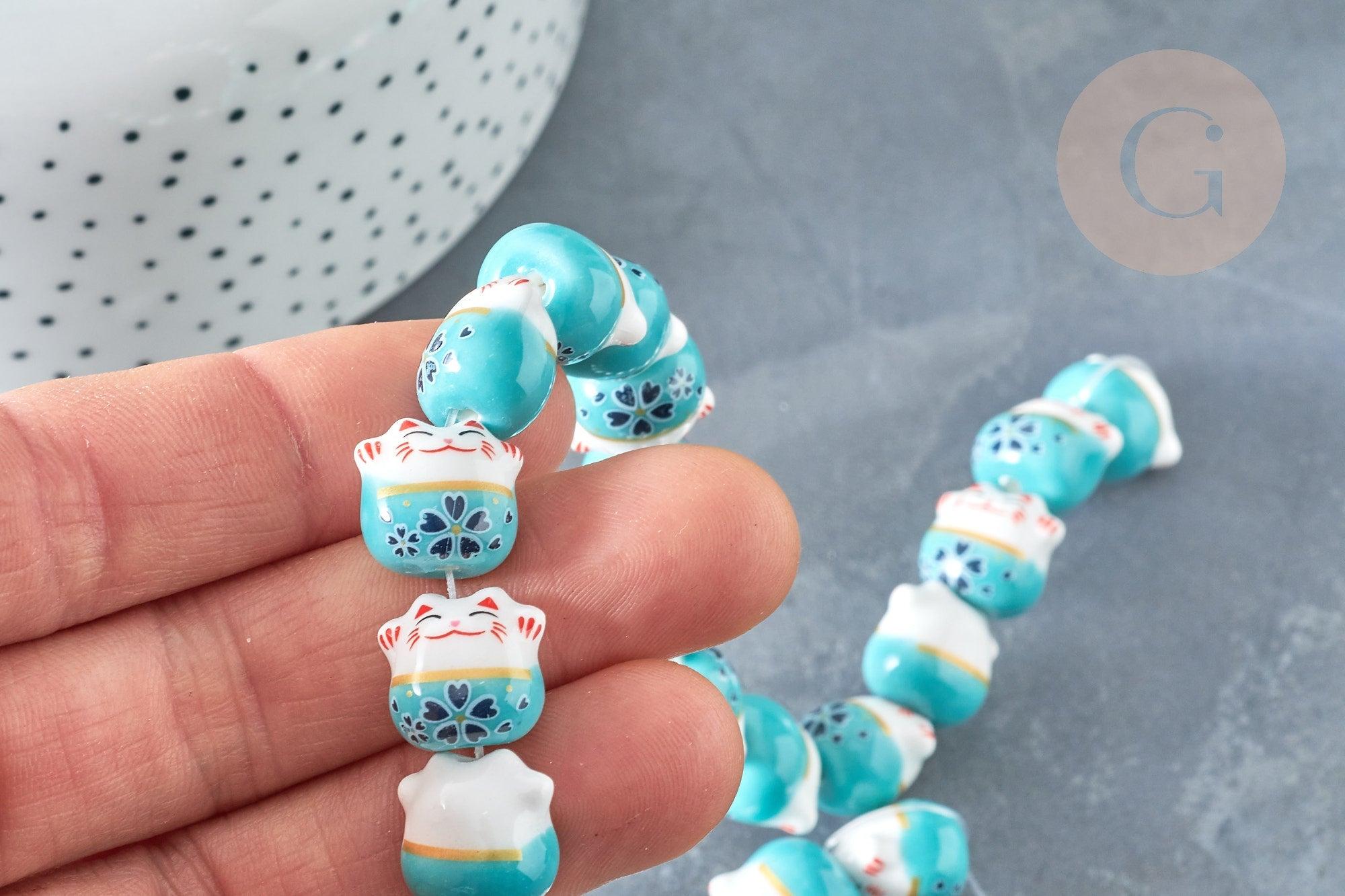Perle chat porte-bonheur Porcelaine blanc turquoise 14mm, x5 (G8186)