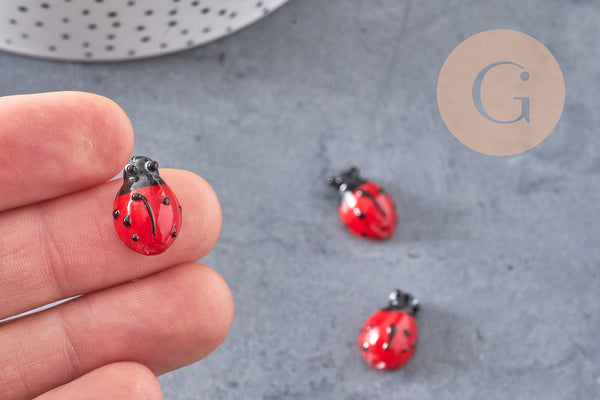 Perle coccinelle rouge verre,perle verre tchèque,insecte verre,pendentif verre,verre artisanal,25mm, fil de 20 perles, x1 G4232