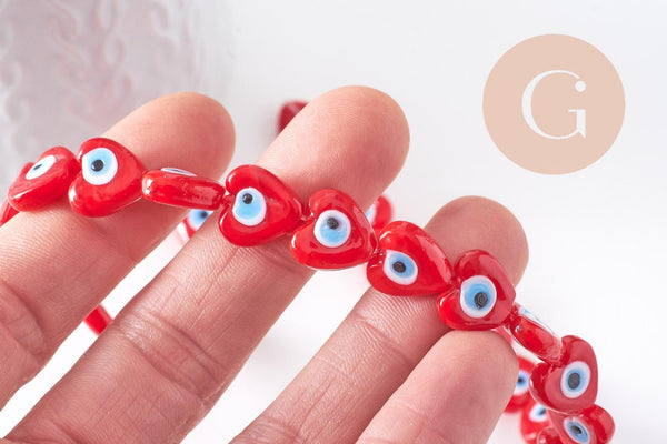 Perle coeur Mauvais Oeil verre rouge 12mm, x1 fil de 35cm (G10393)