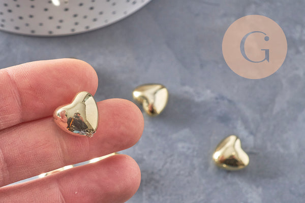 Perle coeur bombé plastique doré 13x15mm, x10 (G10968)