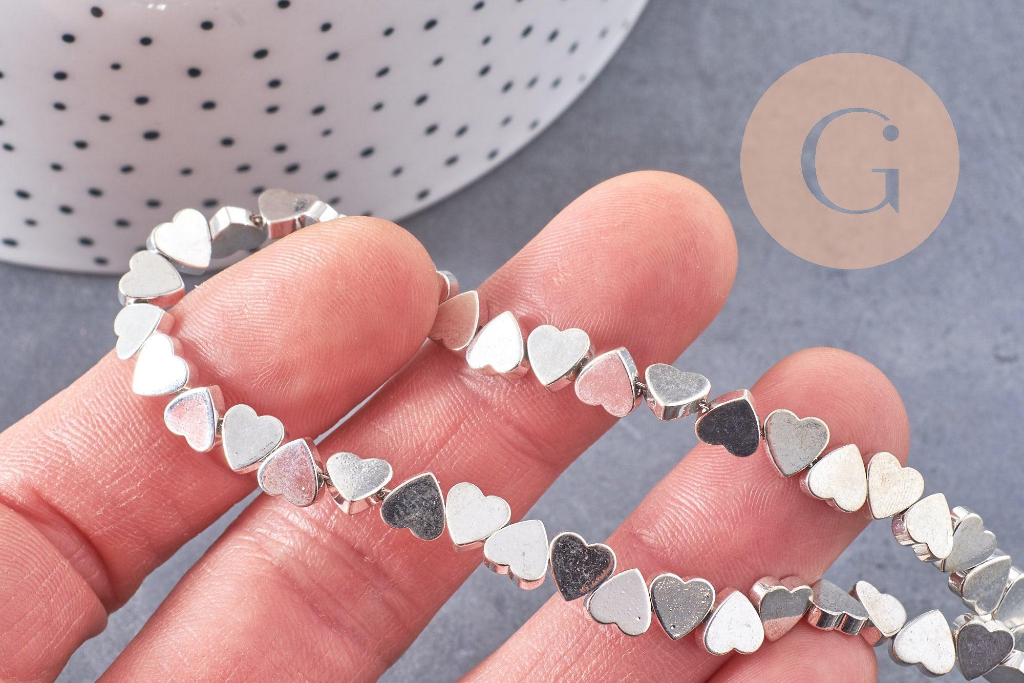Perle coeur hématite de synthèse argenté 6mm, x1 fil de 40cm (G4107)