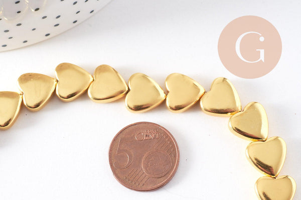 Perle coeur hématite doré 12x13mm, x1 fil de 38cm (G10284)