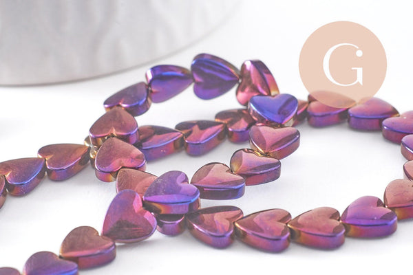 Perle coeur hématite violet 8mm, x1 fil de 38cm (G10338)
