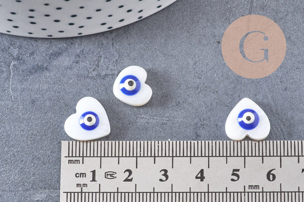 Perle coeur nacre naturelle blanche mauvais oeil 12mm, x10 (G3292)