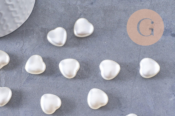 Perle coeur plastique blanc nacré 15mm, x10 (G10404)