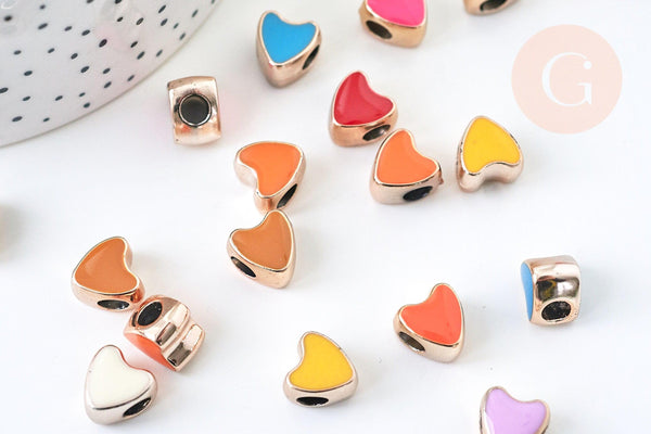 Perle coeur plastique doré multicolore pastel,perle acrylique,perle, 11.5mm, x10 (G5603)