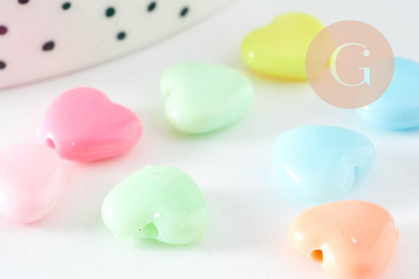 Perle coeur plastique multicolore plastel,pendentif acrylique,création bijoux plastique coloré, 12mm, x20 G3373