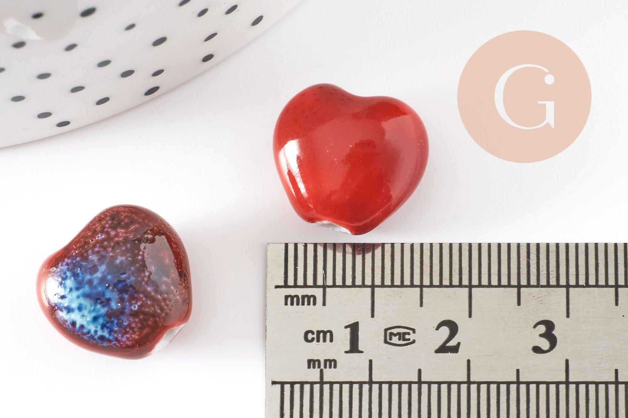 Perle coeur porcelaine rouge-bleu 14-15mm, perle céramique, fabrication bijoux amour et amitié x5 (G9349)