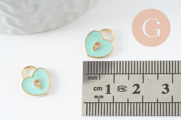 Perle coeur zamac doré cadenas émail vert 13x11mm, création bijou amour amitié x5 G5309