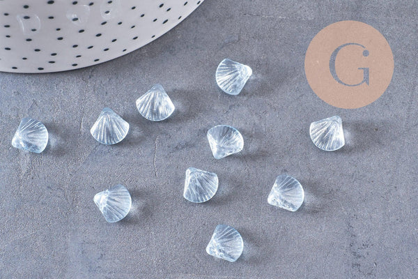 Perle coquillage verre transparent bleu, perles verre tchèque, perle coquille verre bleu, x10 (G5441)