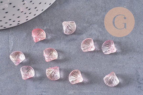 Perle coquillage verre transparent rose clair, perles verre tchèque, perle coquille, verre rose,10.5mm, x10 perles (G5438)