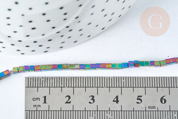 Perle cube hématite de synthèse multicolore 2mm, création bijoux DIY, le fil de 39cm, X1 (G7407)
