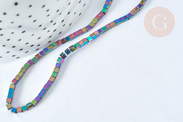 Perle cube hématite de synthèse multicolore 2mm, création bijoux DIY, le fil de 39cm, X1 (G7407)