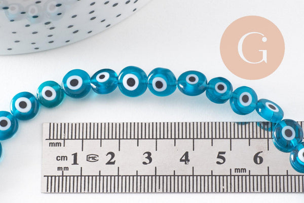 Perle disque Mauvais Oeil Grecque verre bleu turquoise,perle verre chance, perle artisanale verre, 8mm,fil de 49 perles, x1 (G4516)