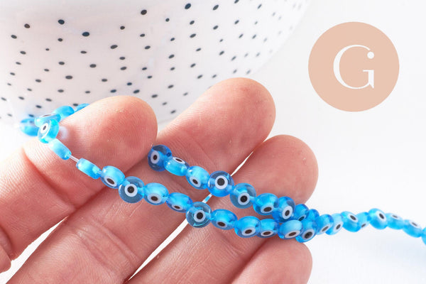 Perle disque Mauvais Oeil Grecque verre bleu,perle verre,perle chance, perle artisanale verre,perle chance, 6mm, le fil, x1 (G2626)