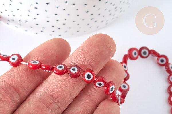 Perle disque Mauvais Oeil Grecque verre rouge, le fil de 36.9cm, x1 (G7288)
