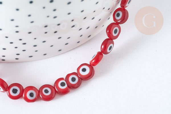 Perle disque Mauvais Oeil Grecque verre rouge, le fil de 36.9cm, x1 (G7288)