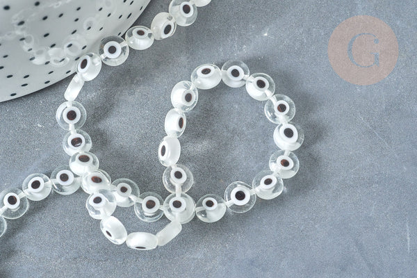 Perle disque Mauvais Oeil Grecque verre transparent, le fil de 36.9cm,perle verre chance, perle artisanale verre, x1 (G7802)