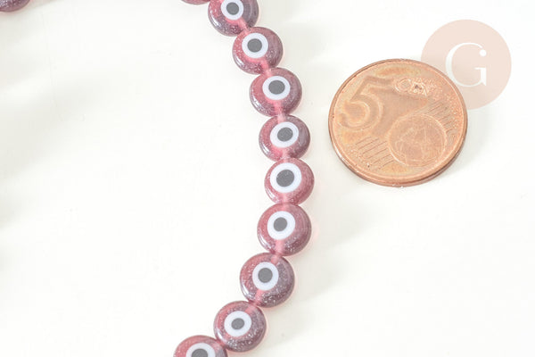 Perle disque Mauvais Oeil Grecque verre violet prune,perle verre chance, perle artisanale verre le fil de 36.9cm, x1 (G7749)