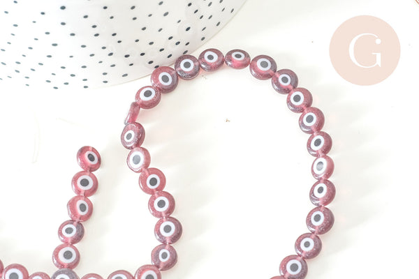 Perle disque Mauvais Oeil Grecque verre violet prune,perle verre chance, perle artisanale verre le fil de 36.9cm, x1 (G7749)