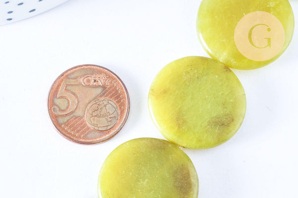 Perle disque jade naturel jaune 25mm,bijoux pierre naturelle, x5 G6466