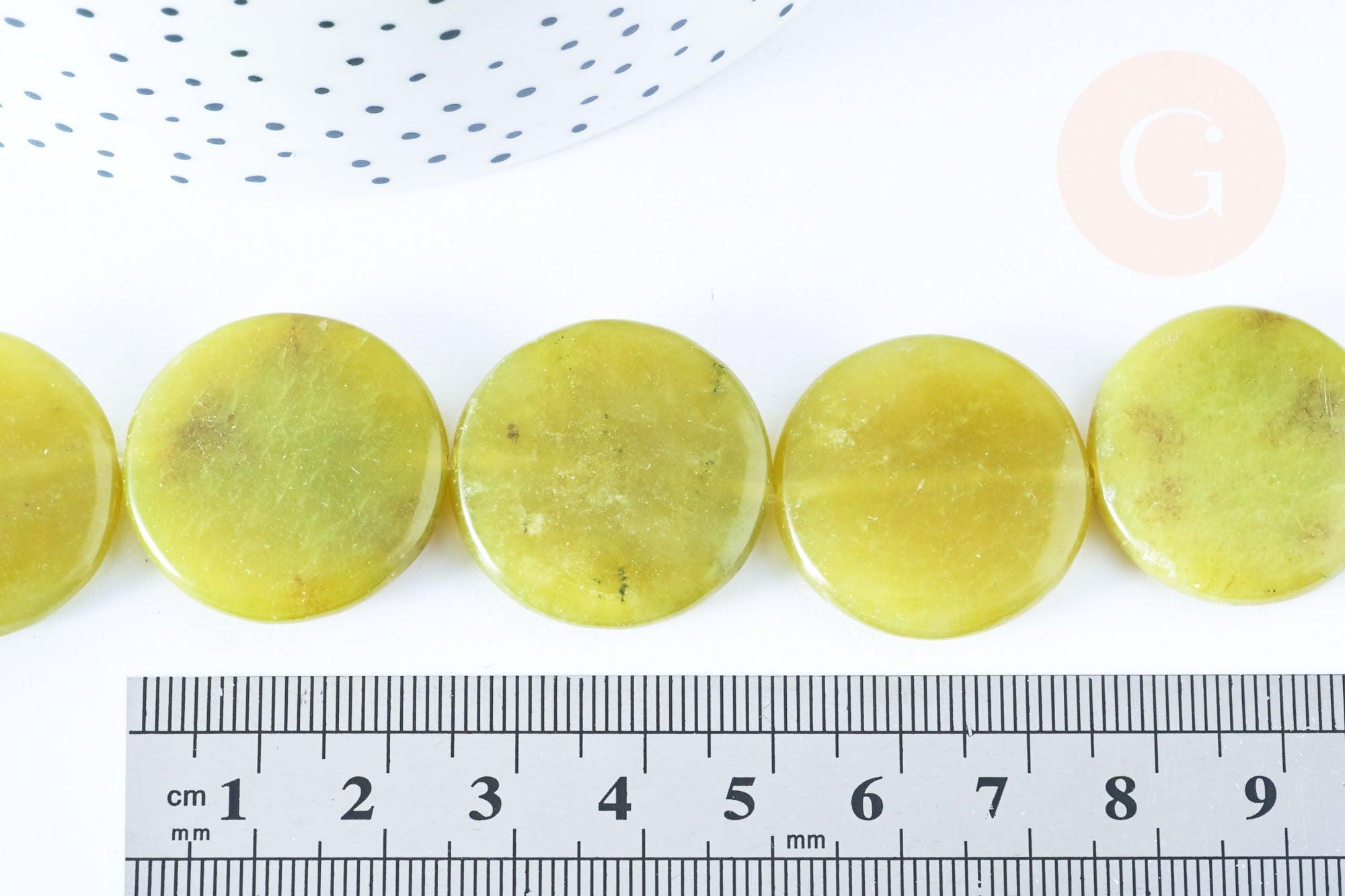 Perle disque jade naturel jaune 25mm,bijoux pierre naturelle, x5 G6466