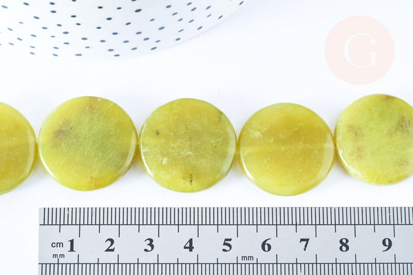 Perle disque jade naturel jaune 25mm,bijoux pierre naturelle, x5 G6466