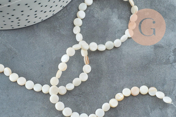 Perle disque nacre coquillage blanc naturel 6mm, x1 fil de 39cm (G5580)