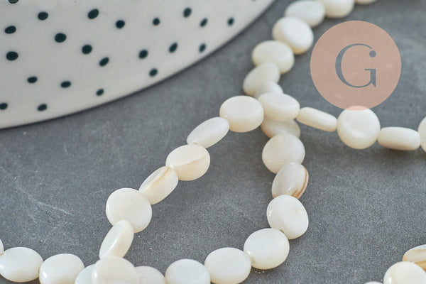 Perle disque nacre coquillage blanc naturel 6mm, x1 fil de 39cm (G5580)