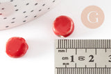 Perle disque porcelaine rouge-blanc 10-11mm, perle céramique artisanale, x5 (G9346)