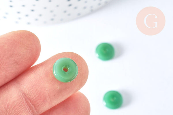Perle donut verre imitation jade vert foncé 10mm, fournitures pour création de bijoux DIY, x2 G6999