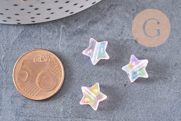 Perle étoile plastique rose irisé,pendentif acrylique transparent ,perle,création bijoux plastique coloré, 11mm, x 30 (7.4gr) (G3493)