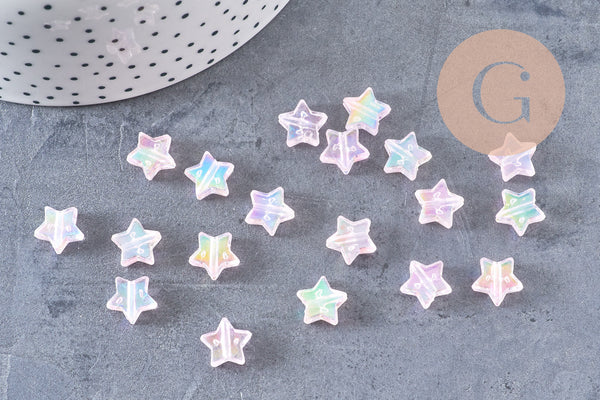 Perle étoile plastique rose irisé,pendentif acrylique transparent ,perle,création bijoux plastique coloré, 11mm, x 30 (7.4gr) (G3493)