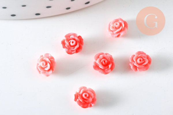 Perle fleur de rose résine rose 6.5x4.5mm, doré fleur, bijou romantique, x10 (G6332)