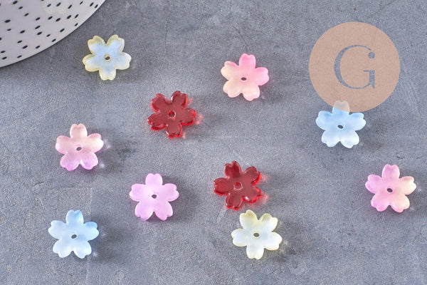 Perle fleur en verre jaune multicolore 14.5mm, x10 (G10534)