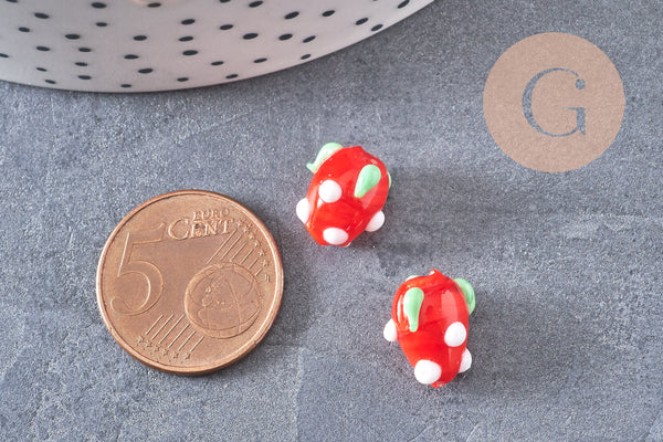 Perle fraise fruit rouge verre tchèque artisanal 25mm, x5 (G3257)