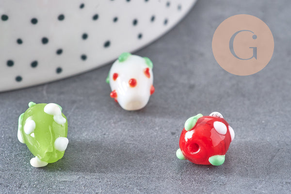 Perle fraise fruit rouge verre tchèque artsianal multicolore 25mm, x5 (G3254)