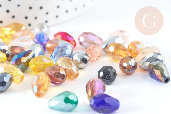 Perle goutte cristal facettée multicolore AB 12x8mm, création bijoux cristal, X10 (G7578)