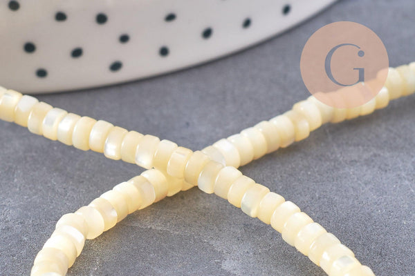 Perle heishi nacre naturelle jaune pastel, perle tube coquillage coloré,2x4mm, fil de 20cm, x1 (G4476)