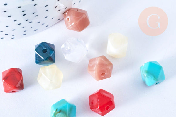 Perle hexagone imitation gemme plastique multicolore 11.5mm, perle plastique coloré, couleurs mélangées,x 10 perles G6402