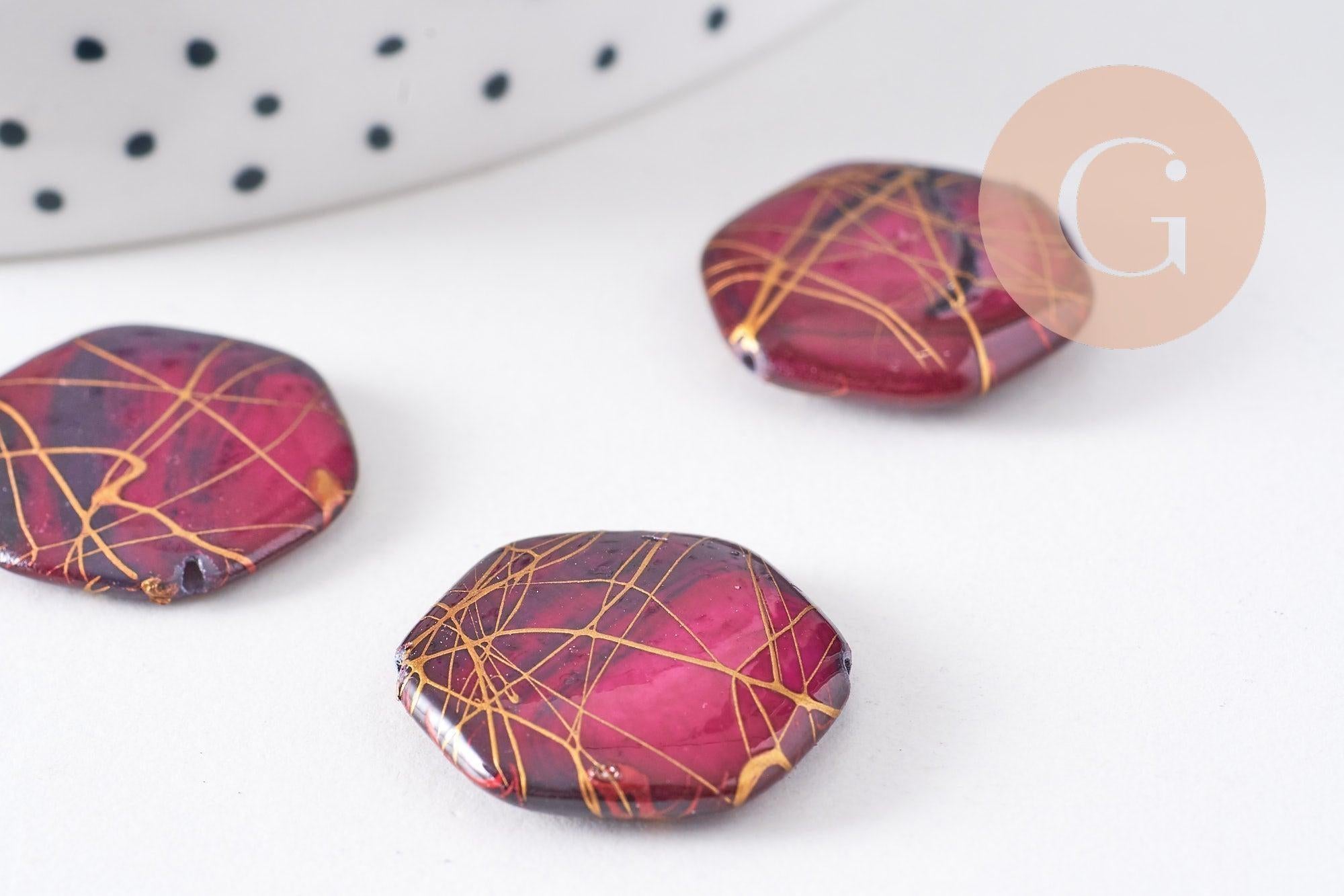 Perle hexagone nacre naturelle rose fuchsia or 20mm, x20 perles (G3855)