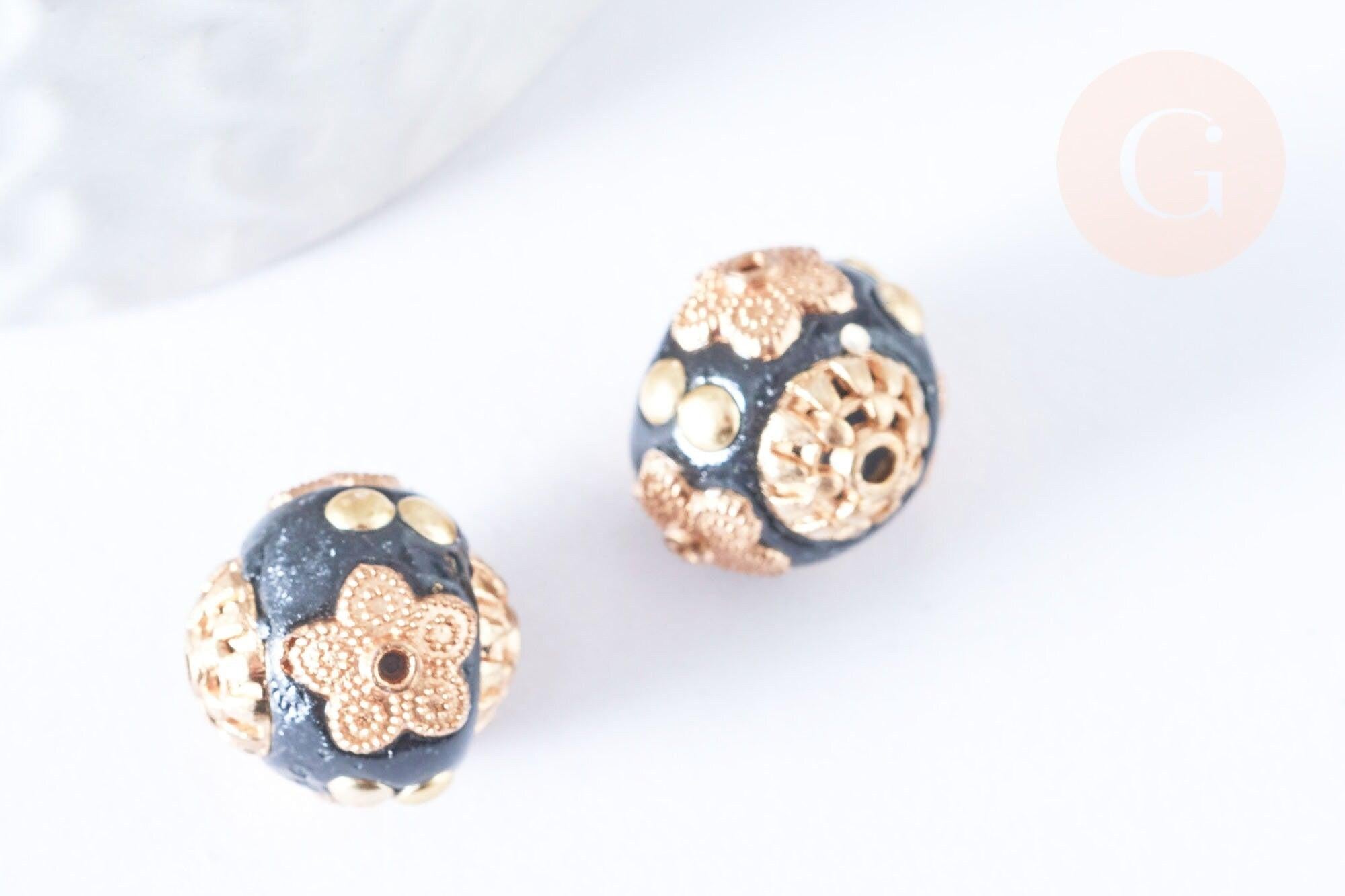 Perle indonesienne polymère noir strass et zamac doré 14mm,bijou ethnique exotique, x1 (G6570)
