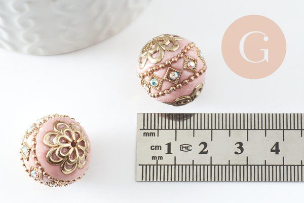 Perle indonésienne polymère rose clair strass et zamac doré 19.5mm,création bijou ethnique exotique, x1 G6253