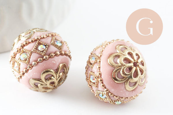 Perle indonésienne polymère rose clair strass et zamac doré 19.5mm,création bijou ethnique exotique, x1 G6253