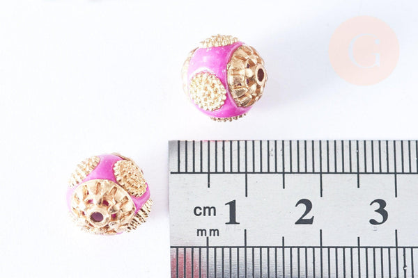 Perle indonesienne polymère rose fuchsia strass et zamac doré 12mm, ethnique exotique, x1 (G6571)