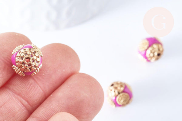 Perle indonesienne polymère rose fuchsia strass et zamac doré 12mm, ethnique exotique, x1 (G6571)